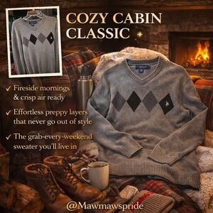 COZY CABINCORE ECLECTIC RETRO Gray‎ Argyle V-Neck Sweater Cotton Blend Large